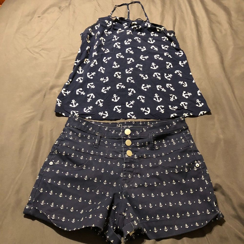 No Boundaries Navy Blue White Anchor Tank Top & Mid Rise Shorts Women's Size L